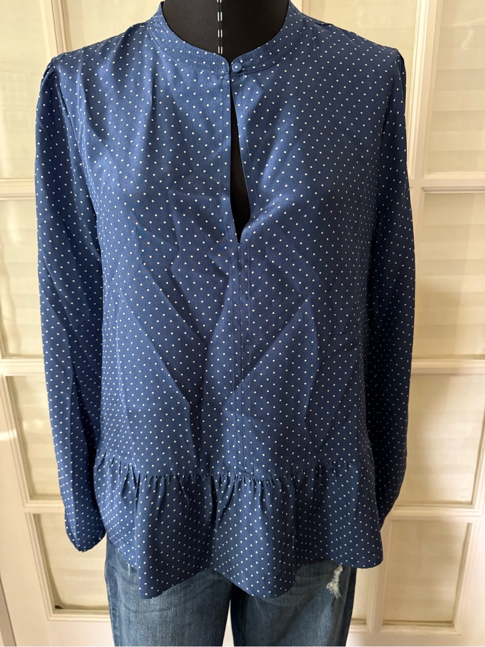 J. Crew Navy Blue Polka Dot Peplum Top 100% Silk